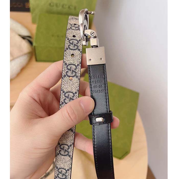Gucci Unisex GG Marmont Reversible Thin Belt Beige Ebony GG Supreme Canvas Double G Buckle