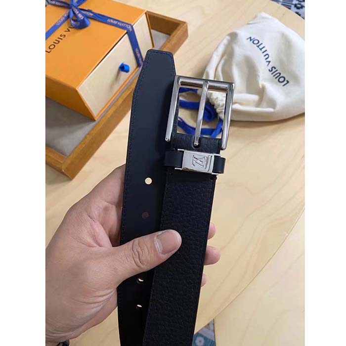 Louis Vuitton Unisex Pont Neuf 35 MM Width Black Taurillon Leather Belt LV Logo