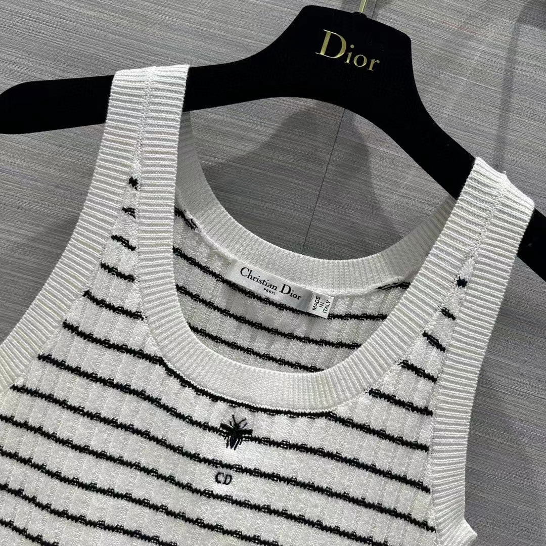 Dior Women CD Twin Set Knitwear Sweater Vest White Black Linen Cashmere Silk Ribbed Knit