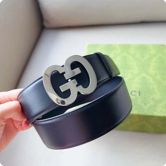 Gucci GG Unisex Buckle Wide Belt Black Leather Double G 4 CM Width
