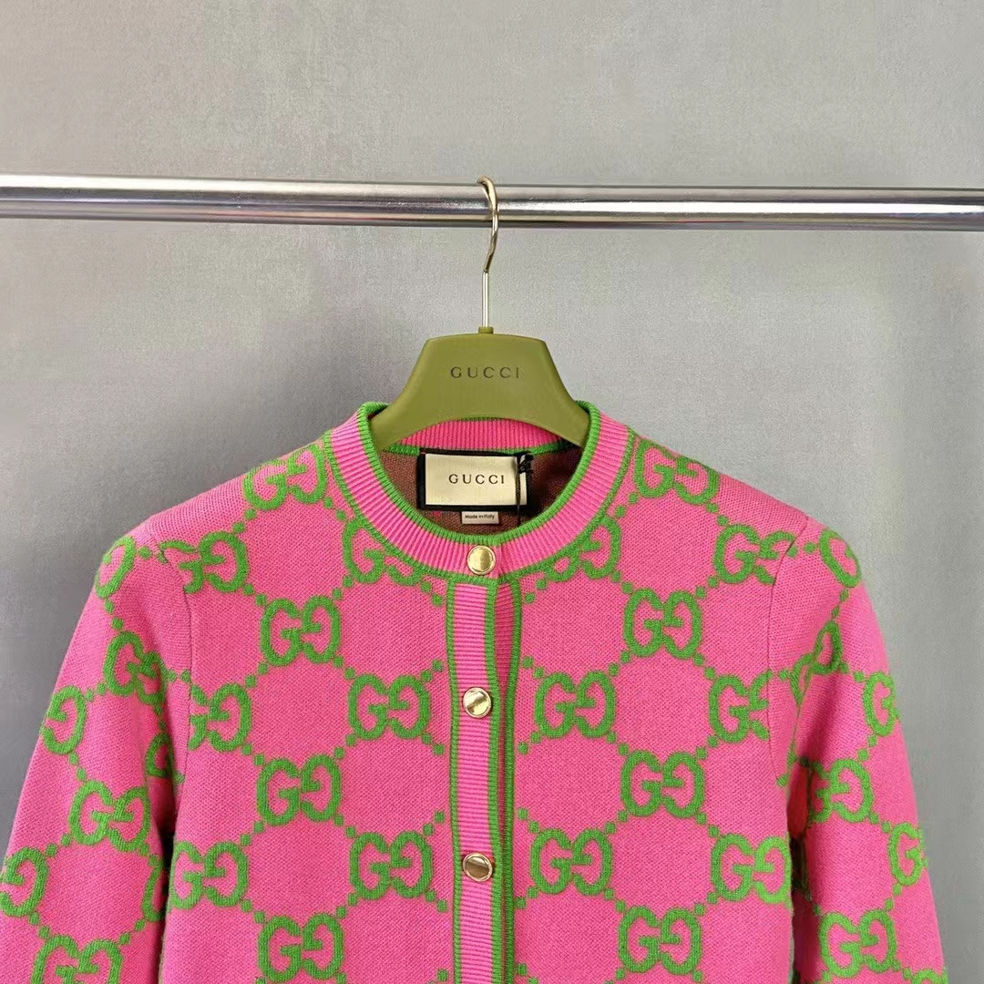 Gucci Women Cotton Silk Blend Cardigan Fuchsia Green Jacquard Crewneck Long Sleeves