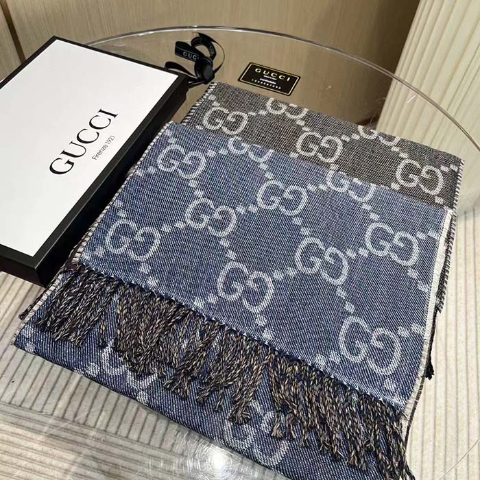 Gucci Unisex GG Jacquard Knit Scarf Tassels Grey Black Wool