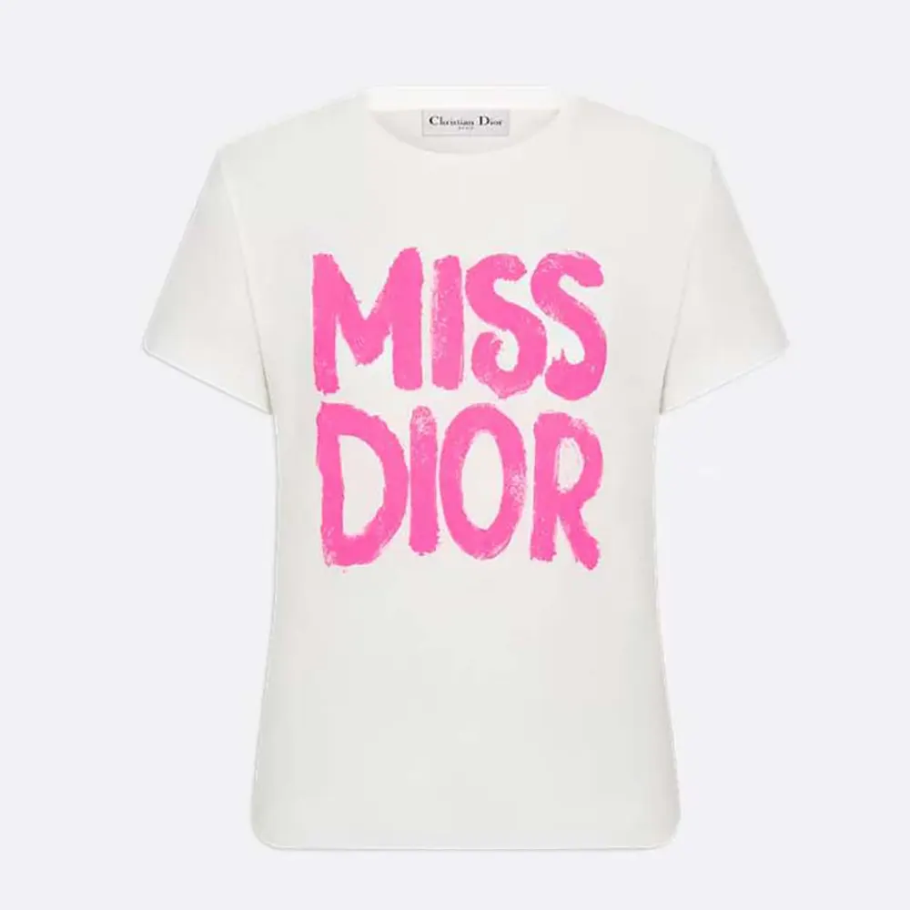 Dior Women Miss Dior T-Shirt White Cotton Jersey with Bright Pink Miss Dior Graffiti Motif