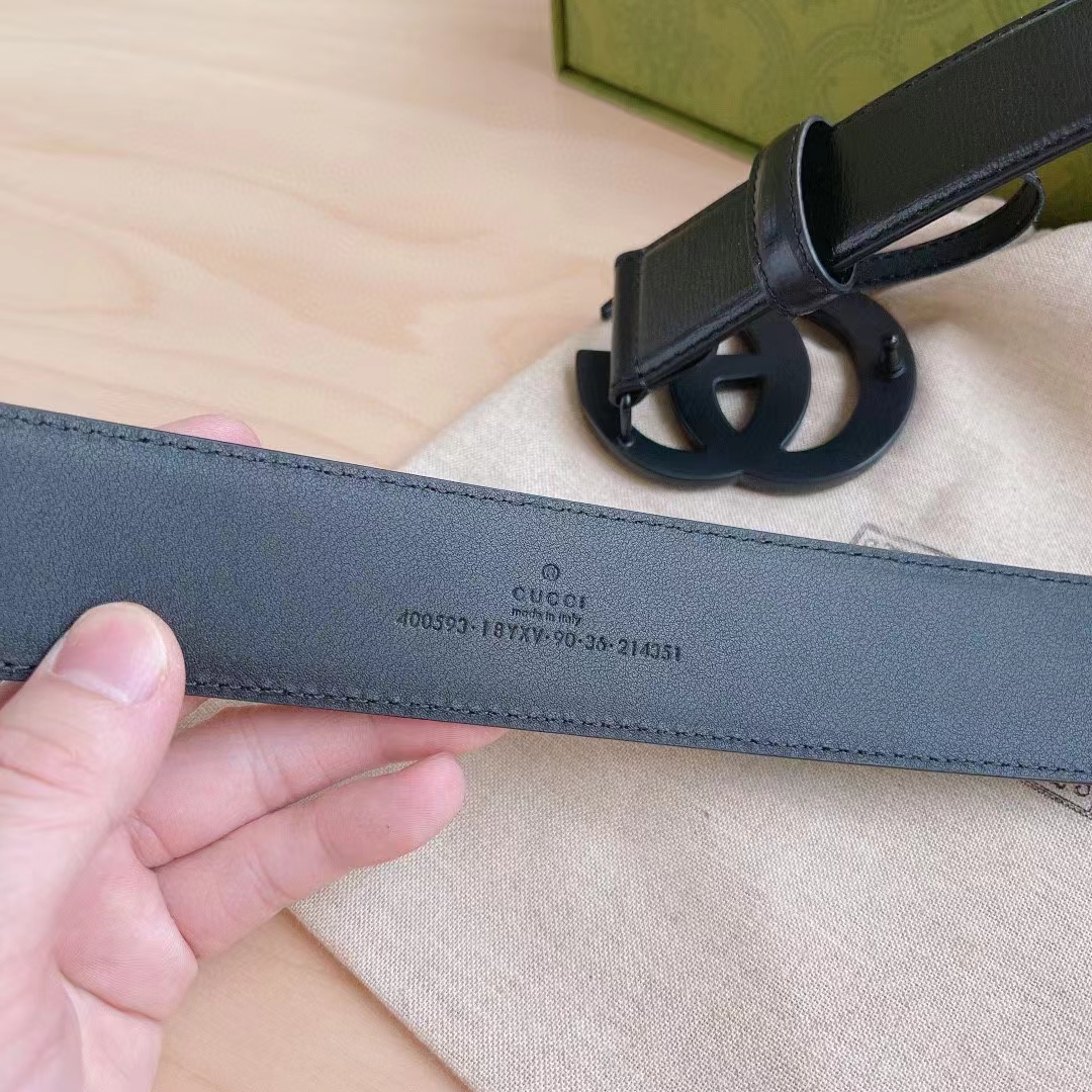 Gucci Unisex GG Marmont Wide Belt Black Leather Double G Buckle 3.8 CM Width