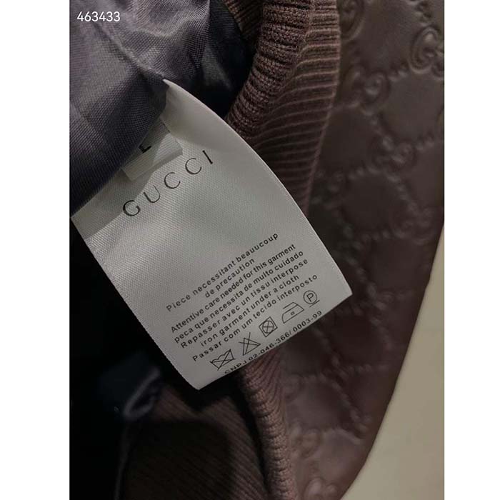 Gucci Women GG Leather Bomber Jacket Brown Lambskin Front Patch Pockets