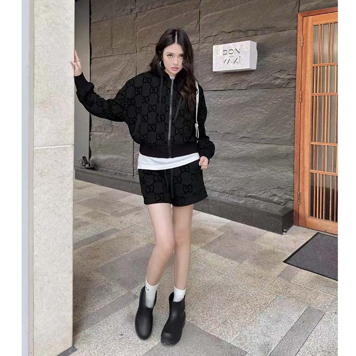 Gucci Women GG Brushed Cotton Hooded Sweatshirt Black Fixed Hood Dropped Shoulder Long Sleeves