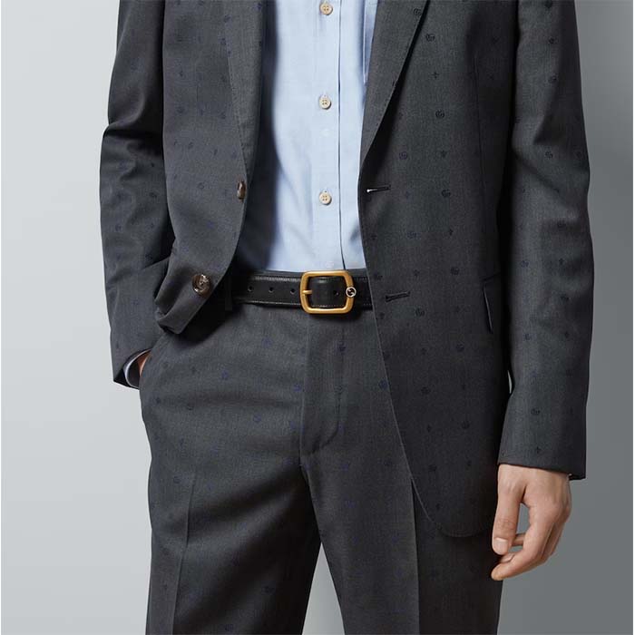 Gucci Unisex GG Belt Rectangular Buckle Black Leather Antique Brass Hardware 3 CM Width