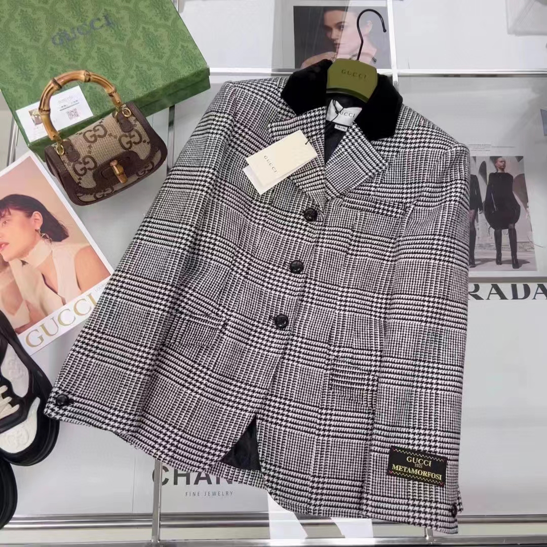 Gucci Women GG Prince Wales Check Jacket Black White Long Sleeves Flap Pockets