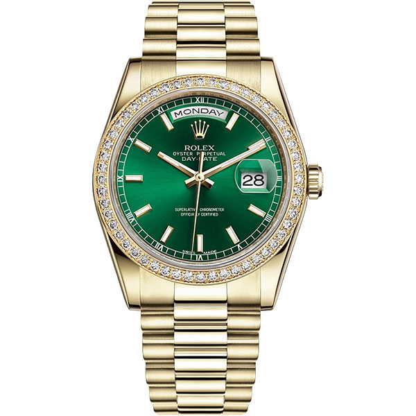 Rolex Day-Date 36 Yellow Gold Diamond Bezel Index Green Dial President Watch 118348