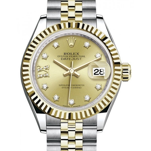 Rolex Lady-Datejust 28mm Steel & Yellow Gold Champagne Diamond IX & Dial Jubilee Bracelet