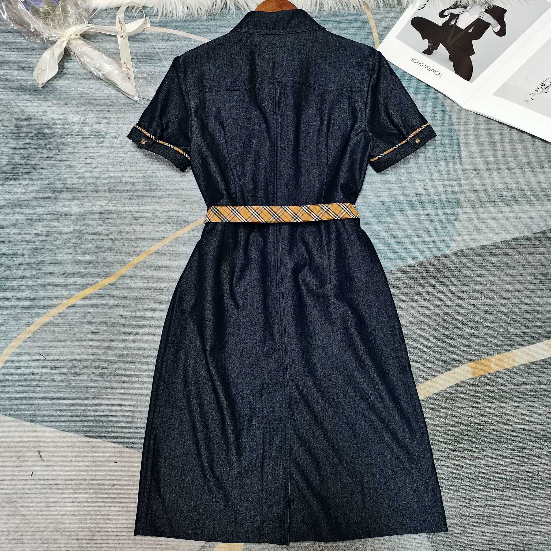 Classic plaid slim fit denim dress with temperament 1025061810