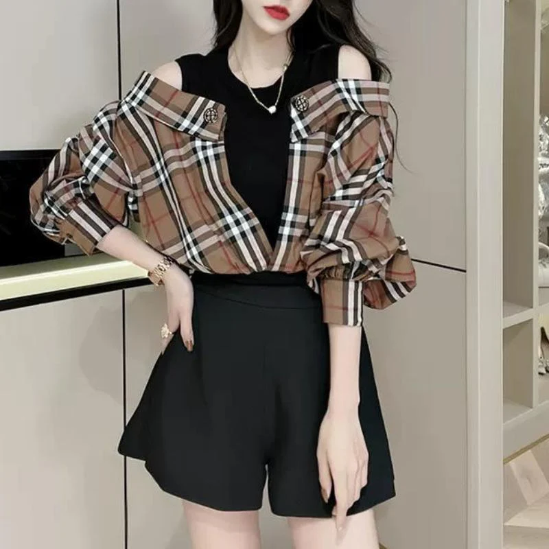 New Fashion Leak Shoulder Plaid Fake Two-piece Shirt 1024050705