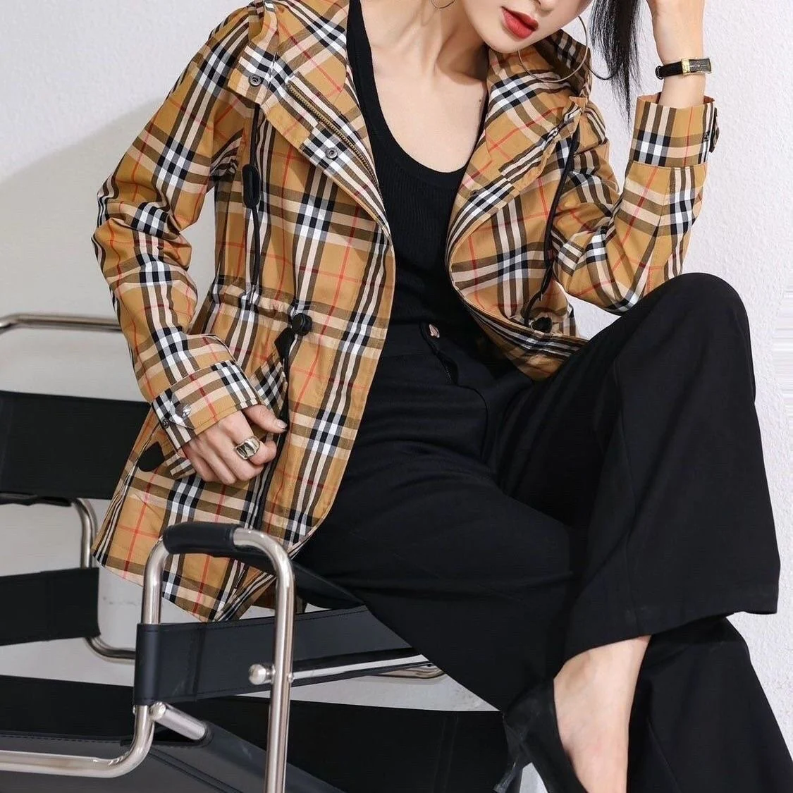 Early spring new fashionable plaid hooded jacket 1024022305