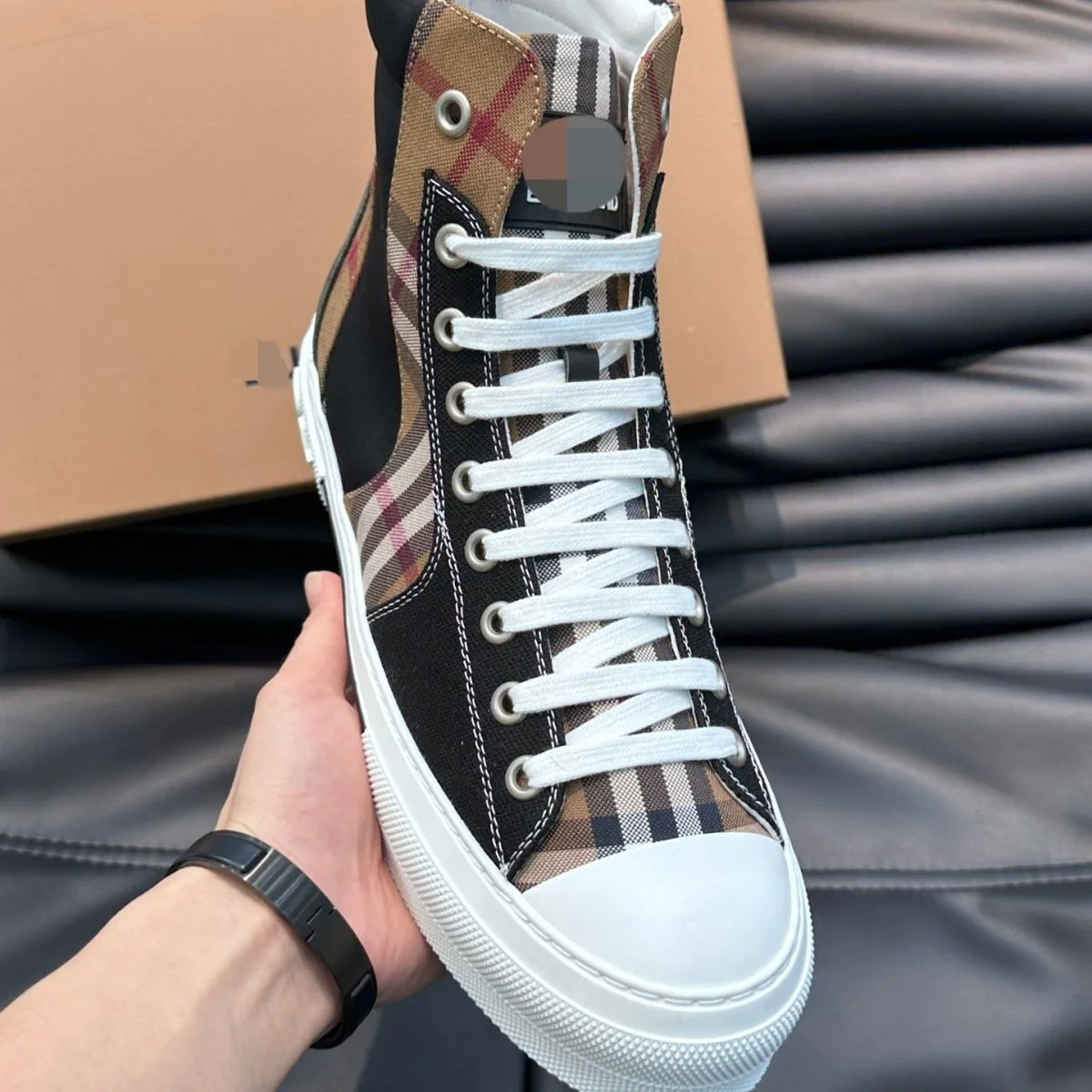 New Cowhide Stitching Canvas Lace-up High-top Casual Shoes 1024030619