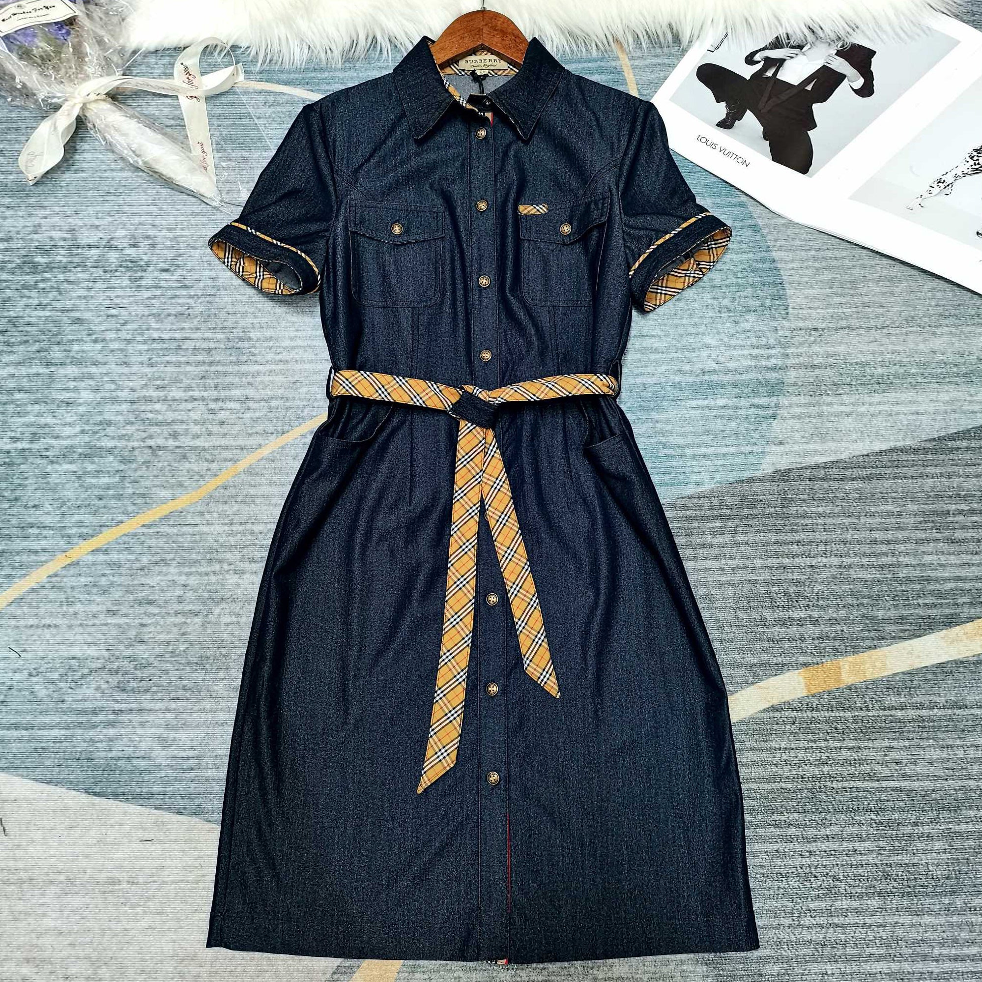 Classic plaid slim fit denim dress with temperament 1025061810