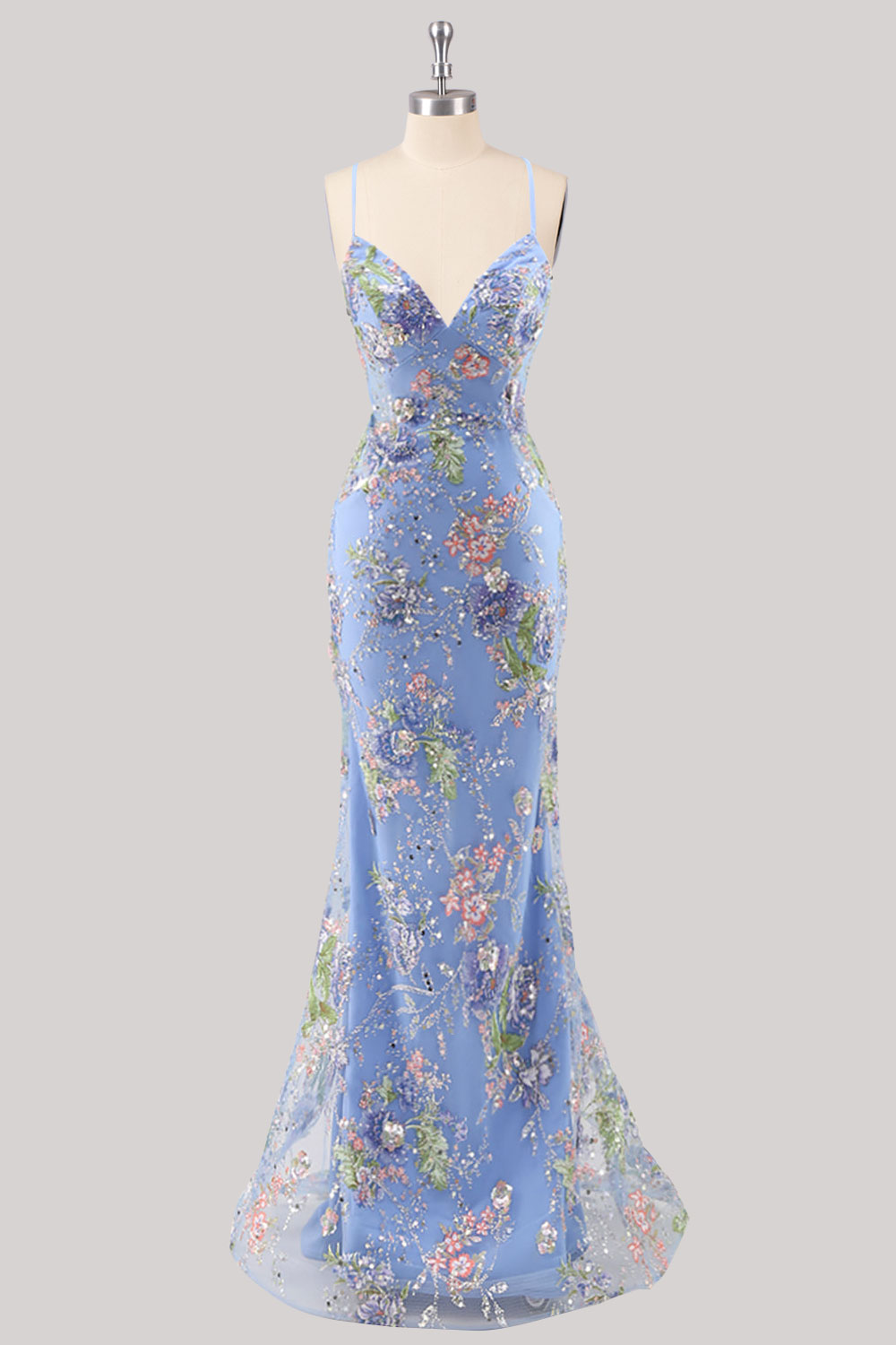 Custom floral embroidery sequin long prom dress, light blue sparkly corset evening gown