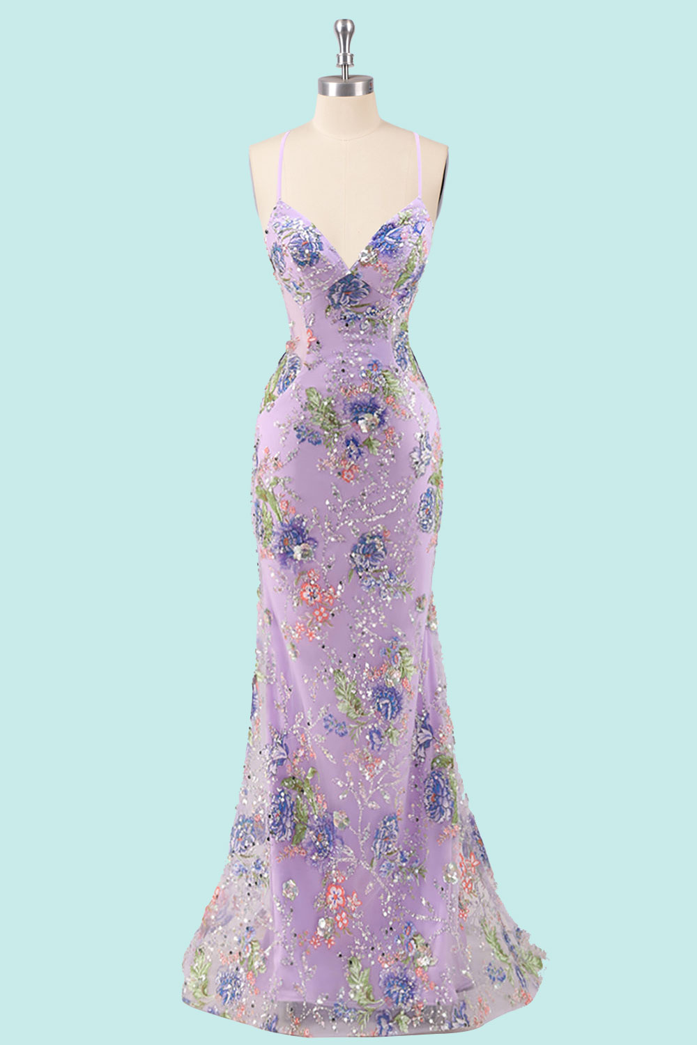 Custom floral embroidery sequin long prom dress, light purple sparkly corset evening gown