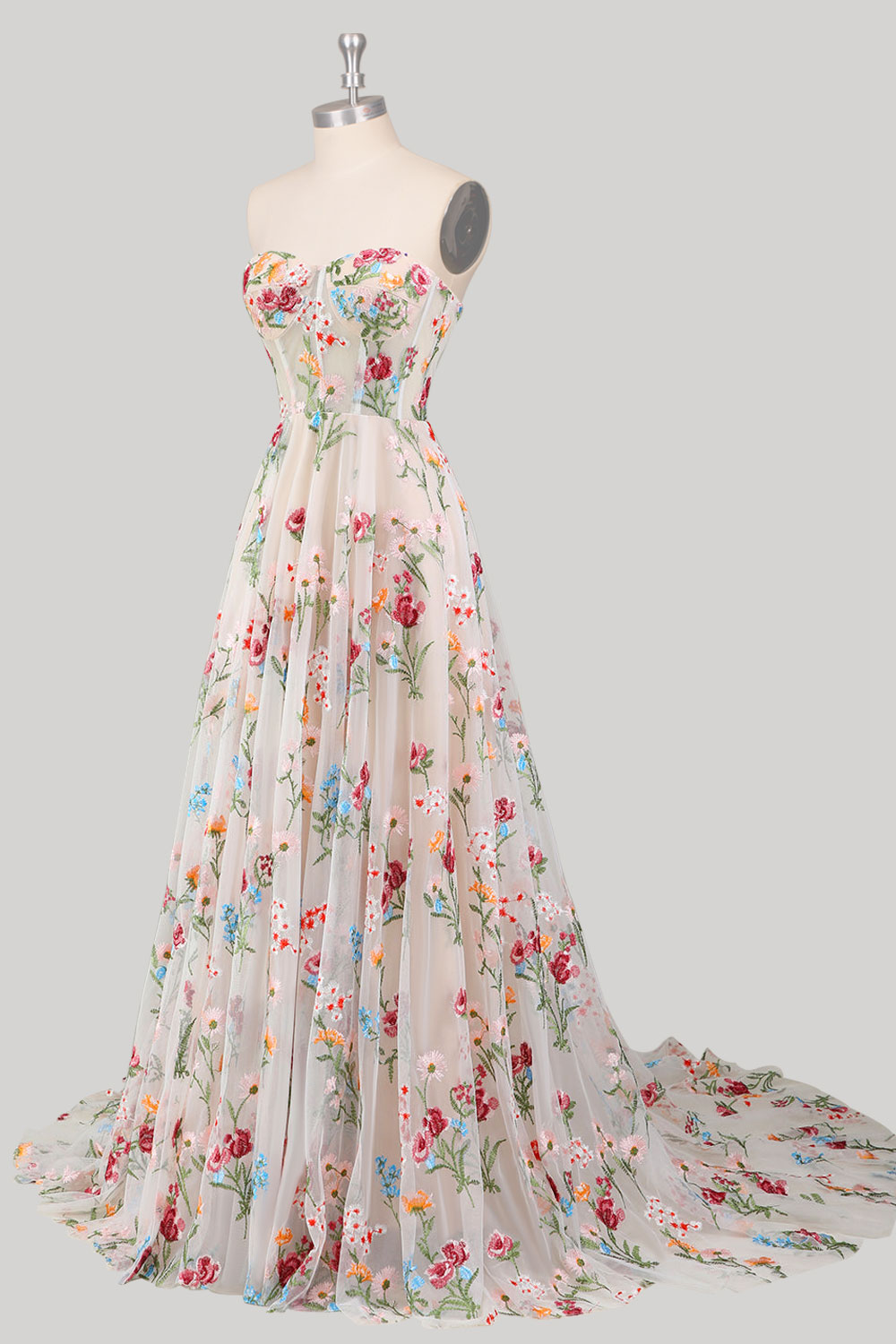 Custom floral embroidery long prom dress, tulle mermaid evening gown, strapless party dress