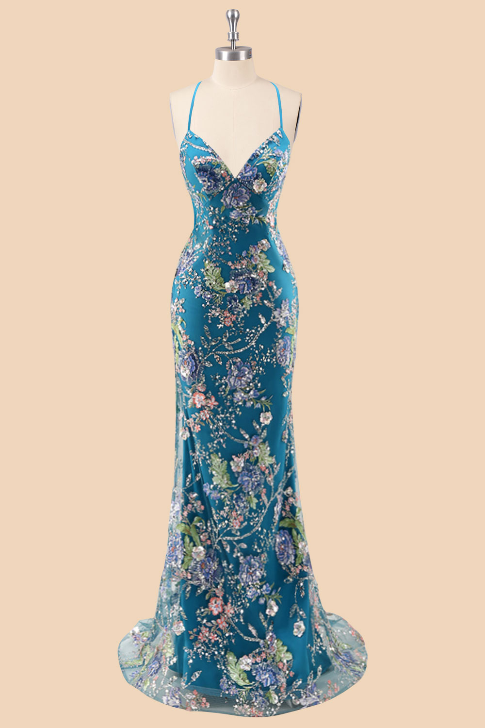 Custom floral embroidery sequin long prom dress, peacock blue sparkly corset evening gown