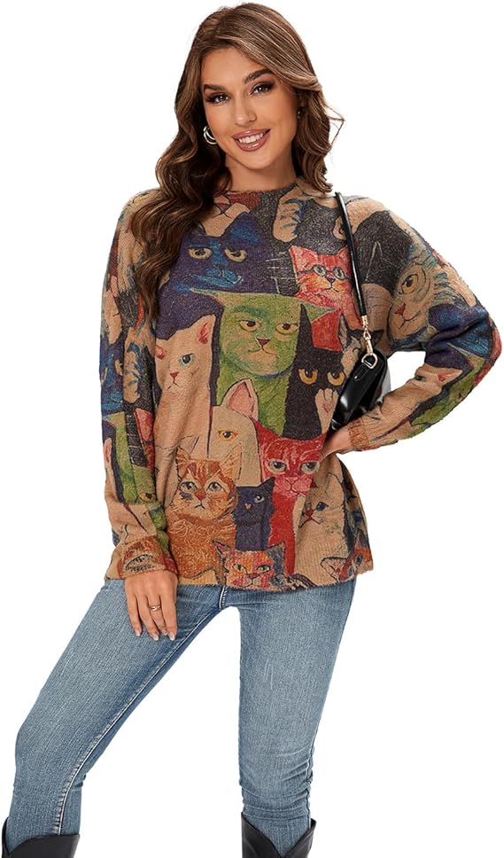 Women's Boho Christmas Sweater, Oversized Long Sleeve Graphic Knit Pullover, Loose Fit Casual Top with Drop Shoulder