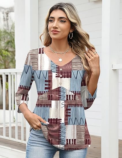 Women's three-quarter sleeve babydoll top, V-neck button-down shirt, 2025 Autumn fashion women's fitted tops and blouses.