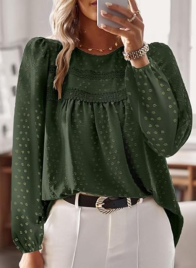 Women's Autumn Round Neck Long Sleeve Shirt Casual Chiffon Top with Flowy Lace Hem Bohemian Style Fashion Trend 2025