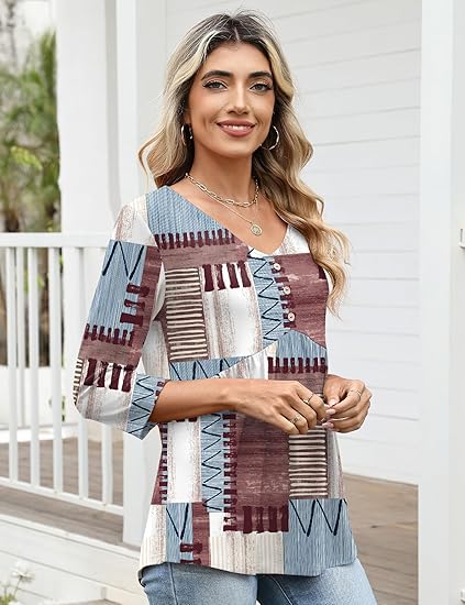 Women's three-quarter sleeve babydoll top, V-neck button-down shirt, 2025 Autumn fashion women's fitted tops and blouses.