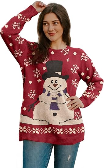 Women's Christmas sweater, printed pattern, loose-fitting pullover, casual knitted top.