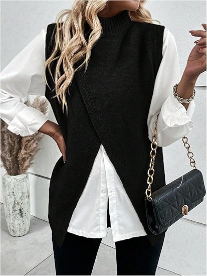 Women's autumn outfits: sweater vests, high-neck sleeveless knit tops, and pullovers showcase understated luxury.