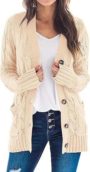 Women's cardigan sweater, a stylish autumn piece, features a button-down front, cable knit design, and is thick and warm, perfect as a winter outer layer.