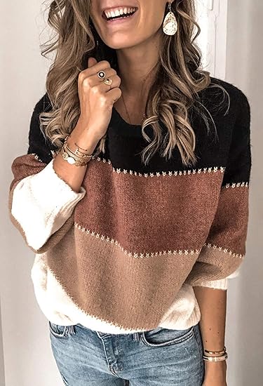 Women's casual long-sleeved round neck color-block patchwork pullover knitted sweater top