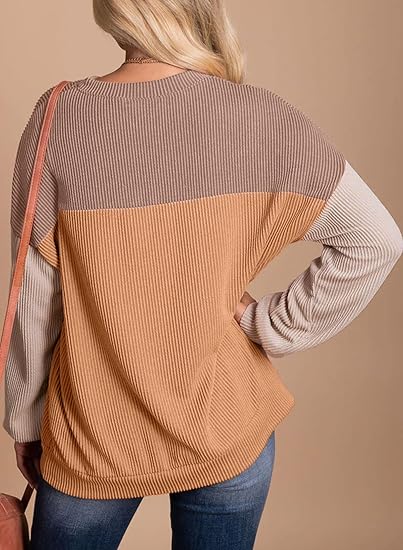 Women's Fashion Top, 2025 New Arrival, Color-Blocked Long-Sleeved Round Neck Knitted Casual Loose Pullover