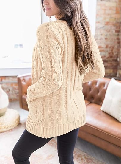 Women's cardigan sweater, a stylish autumn piece, features a button-down front, cable knit design, and is thick and warm, perfect as a winter outer layer.