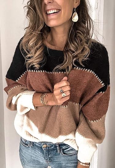 Women's casual long-sleeved round neck color-block patchwork pullover knitted sweater top