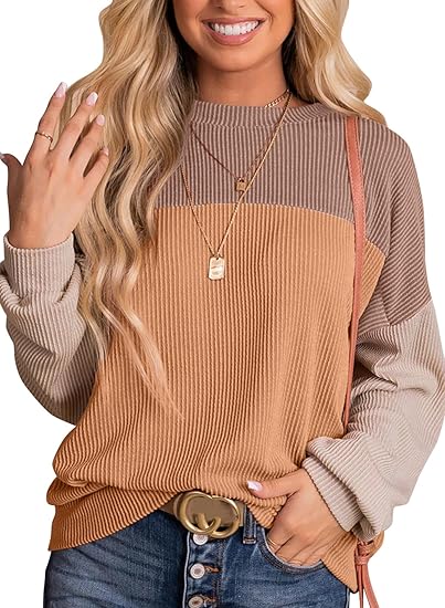 Women's Fashion Top, 2025 New Arrival, Color-Blocked Long-Sleeved Round Neck Knitted Casual Loose Pullover