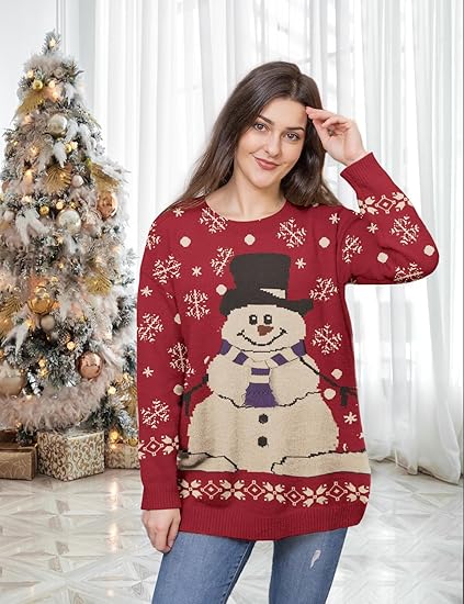 Women's Christmas sweater, printed pattern, loose-fitting pullover, casual knitted top.