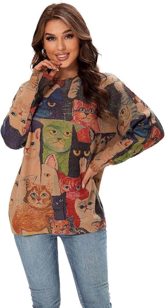 Women's Boho Christmas Sweater, Oversized Long Sleeve Graphic Knit Pullover, Loose Fit Casual Top with Drop Shoulder