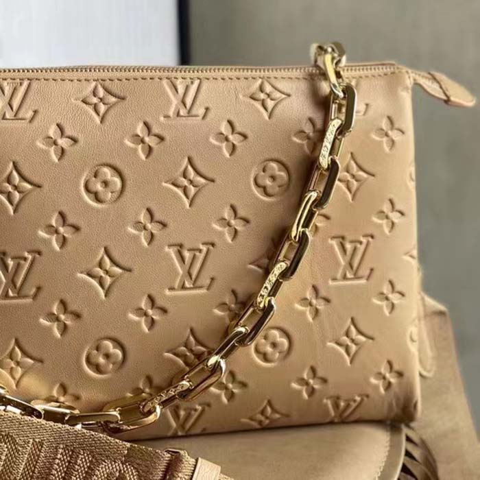 Louis Vuitton LV Women Coussin PM Handbag Camel Monogram Embossed Puffy Lambskin Calfskin Leather