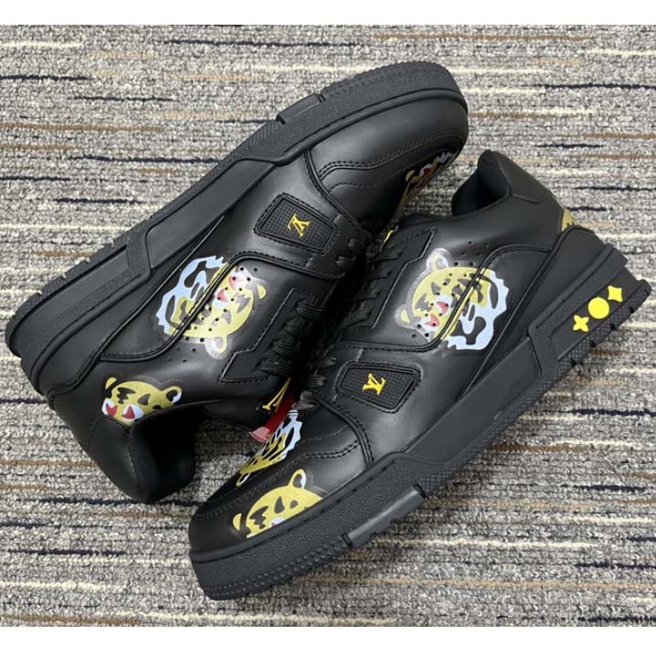 Louis Vuitton LV Unisex Trainer Sneaker Black Printed Calf Leather Rubber Outsole