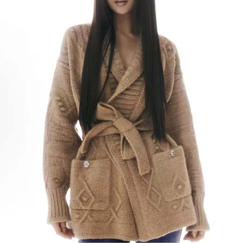 Chanel Women CC Waist Tied Long Sleeved Knitted Sweater