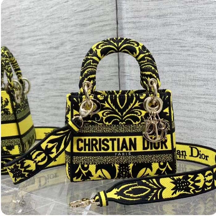 Dior Women CD Mini Lady D-Lite Bag Yellow Multicolor Ornamental Embroidery