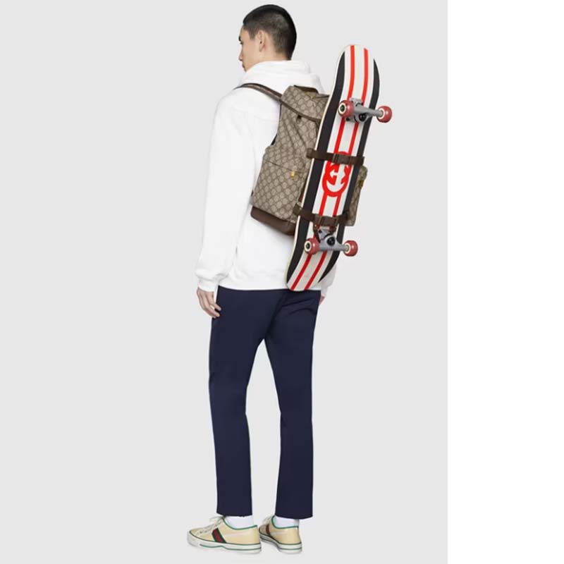 Gucci Unisex Skateboard Backpack Web Beige Ebony GG Supreme Canvas