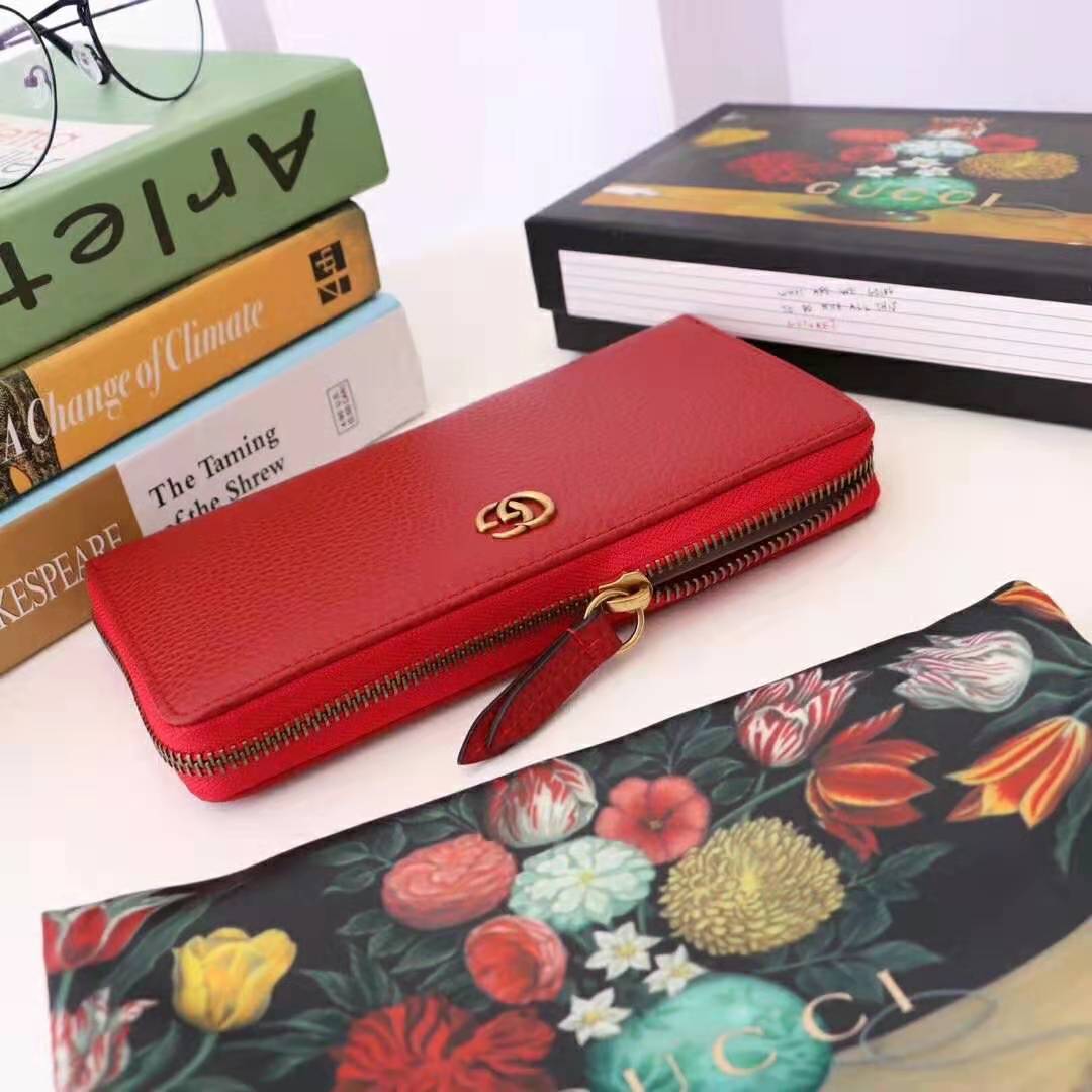 Gucci GG Unisex Leather Zip Around Wallet in Hibiscus Red Leather