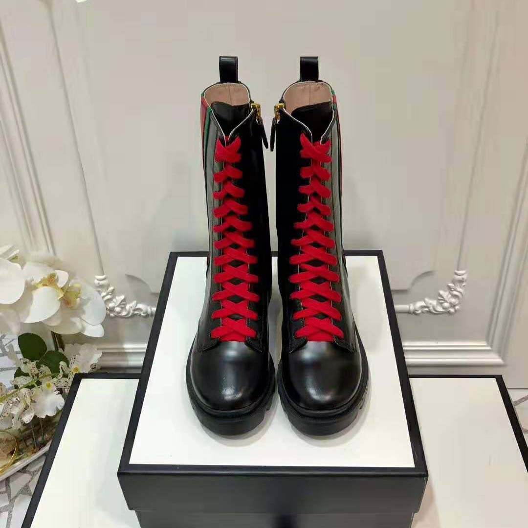 Gucci Women Gucci Leather Ankle Boot with Web in Black Shiny Leather 4.8 cm Heel