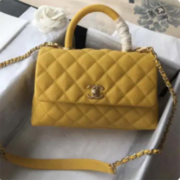 Chanel Women CC Quilted Handbag Yellow Calfskin Leather Gold-Tone Metal