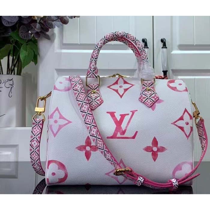 Louis Vuitton Women LV Speedy Bandoulière 25 Pink Monogram Coated Canvas Double Zip Padlock