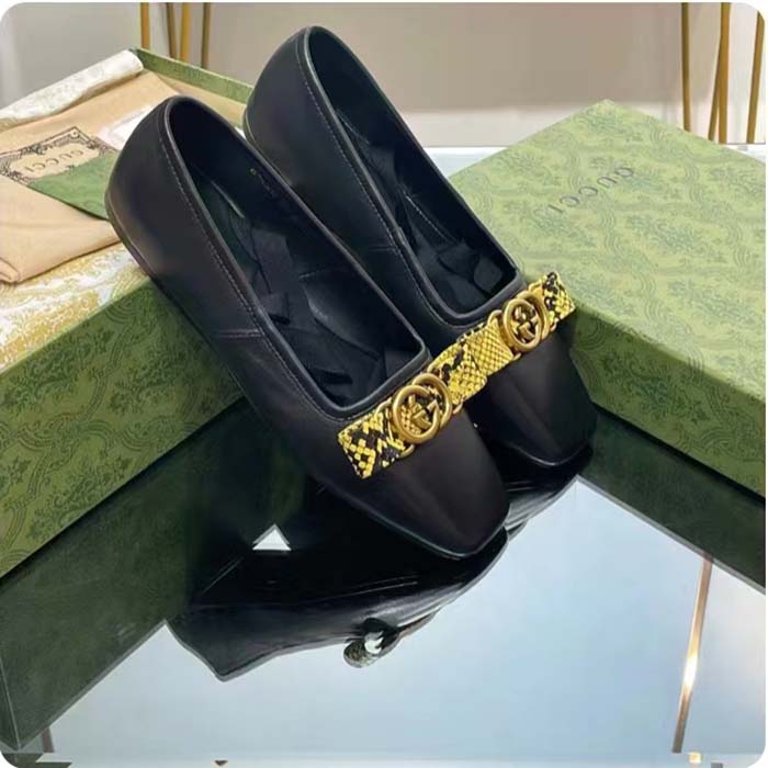 Gucci Women GG Interlocking G Ballet Flat Black Leather Python Print Leather Bow
