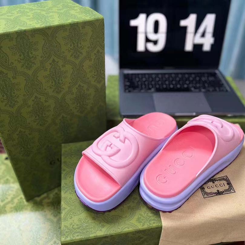 Gucci Women GG Slide Sandal Interlocking G Pink Purple Rubber Low Heel