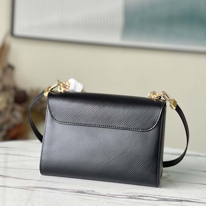 Louis Vuitton LV Women Twist MM Handbag Black Epi Grained Leather Monogram Flower