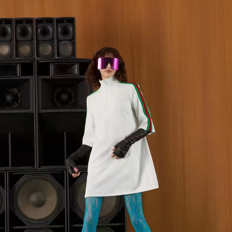 Gucci Women GG Jersey Jacquard Dress White High Neck Polyester Green Red Web